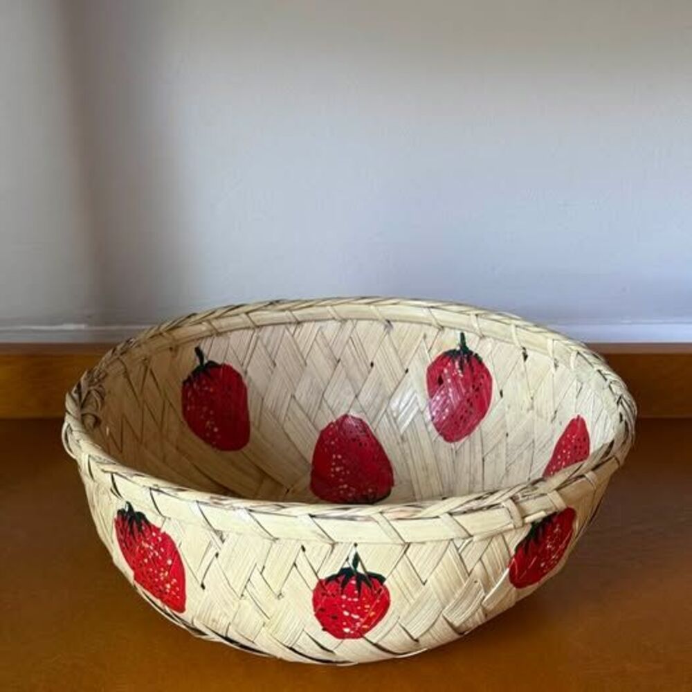 Hand-Painted Strawberry Woven Bamboo Basket Bowl